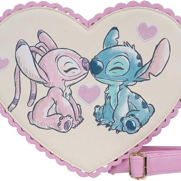 NWOT Loungefly Disney Lilo & Stitch Angel Kiss Chocolate Box Heart Crossbody Bag - Picture 1 of 5